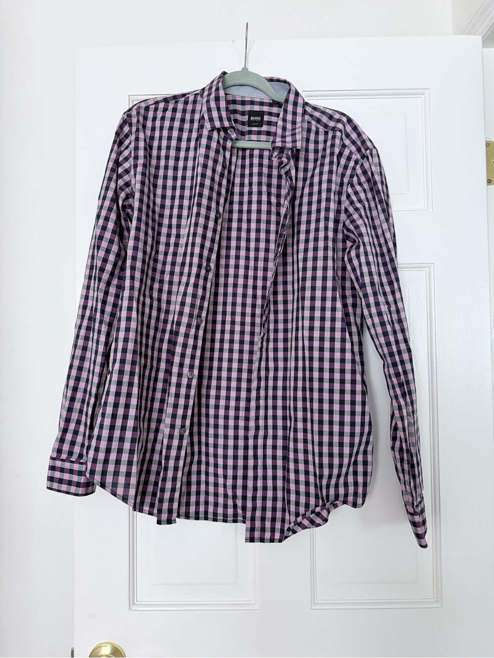Boss Men’s Pink and Black Gingham Button-Down Shirt